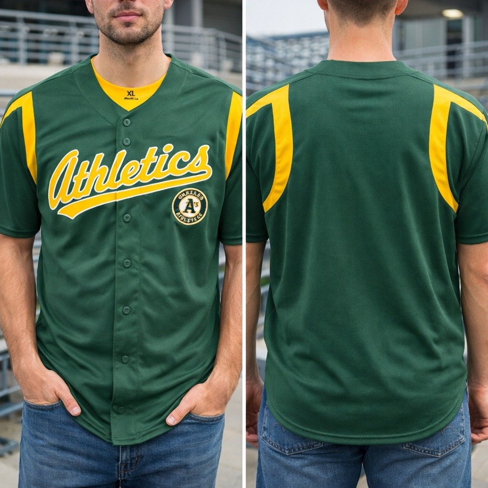 Dynasty Oakland Athletics‎ MLB Baseball Jersey Mens XL Green Yellow Button Front